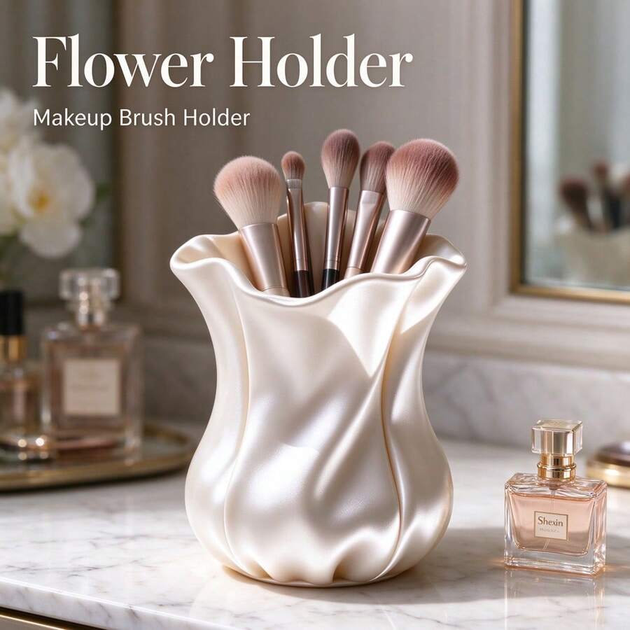 3D Printed Silk Texture Makeup Brush Holder, Flower Shape Cosmetic Organizer, Decorative Pen Holder For Vanity Desk Bathroom Home Decor - Multicolor - View 1