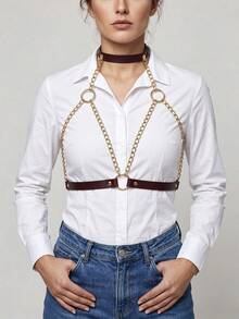 1pc Women's Coffee Color Minimalist Punk Linked Halter Neck Bondage Strap, Suitable For Daily Wear, Dating, Gathering, Party Matching - Coffee Brown - View 3