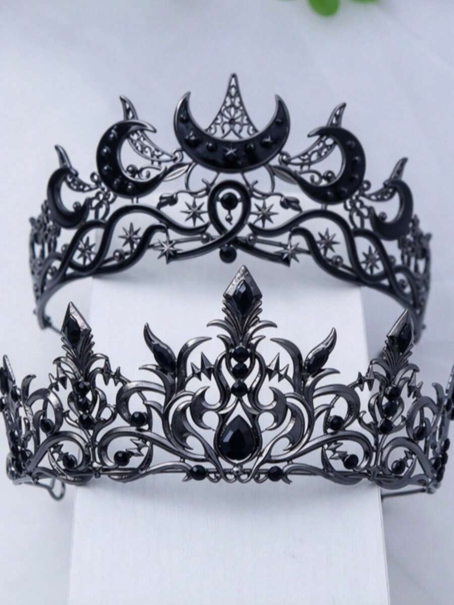 Baroque Vintage Black Crown Luxury Star & Moon Tiara Distressed Metal Texture Headpiece Bridal Accessory - Multicolor - View 1