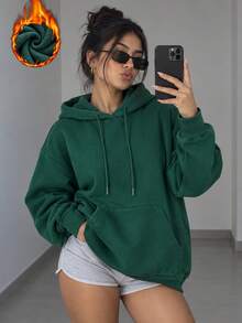 Women's Green Loose Hooded Sweatshirt With Drawstring Pockets, Long Sleeve Pullover, Fashionable Autumn/Winter Warm Thermal Lined Sweatshirt - Green - View 3