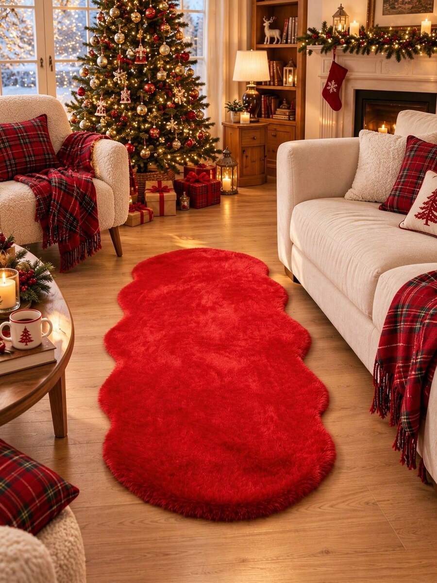 1pc Red Wave Design Faux Rabbit Fur Bedside Rug, Christmas Decoration Rug, Holiday Festive Decor, New Year Rug, Autumn/Winter Holiday Decoration, Hand-Cut With 1-5cm Error, Decorative Rug, Living Room Rug, Bedroom Rug, Entrance Rug, Bathroom Rug, Gaming Room Rug, Study Room Rug, Walk-In Closet Rug, Autumn/Winter Rug, Fur Rug - Red - View 1