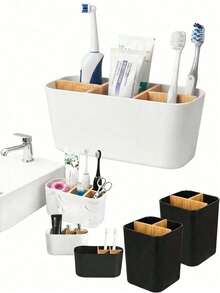1pc Bamboo Toothbrush Holder, 5-Slot Toothbrush Rack, Bathroom Vanity Storage Organizer, Can Hold Electric Toothbrush, Toothpaste, Razor, Etc., Home Bathroom Decor, Back To School Decor. Bathroom Countertop Toothbrush Storage Rack, Bathroom Toothbrush Holder, Bamboo Toothbrush Holder, Electric Toothbrush Holder And Toothpaste Holder, Bathroom Countertop Accessories Storage, Marble Toothbrush Organizer, Bathroom Accessories, Bedroom Vanity Storage Box, National Day Gift, Halloween Gift, Christmas Gift - Multicolor - View 2