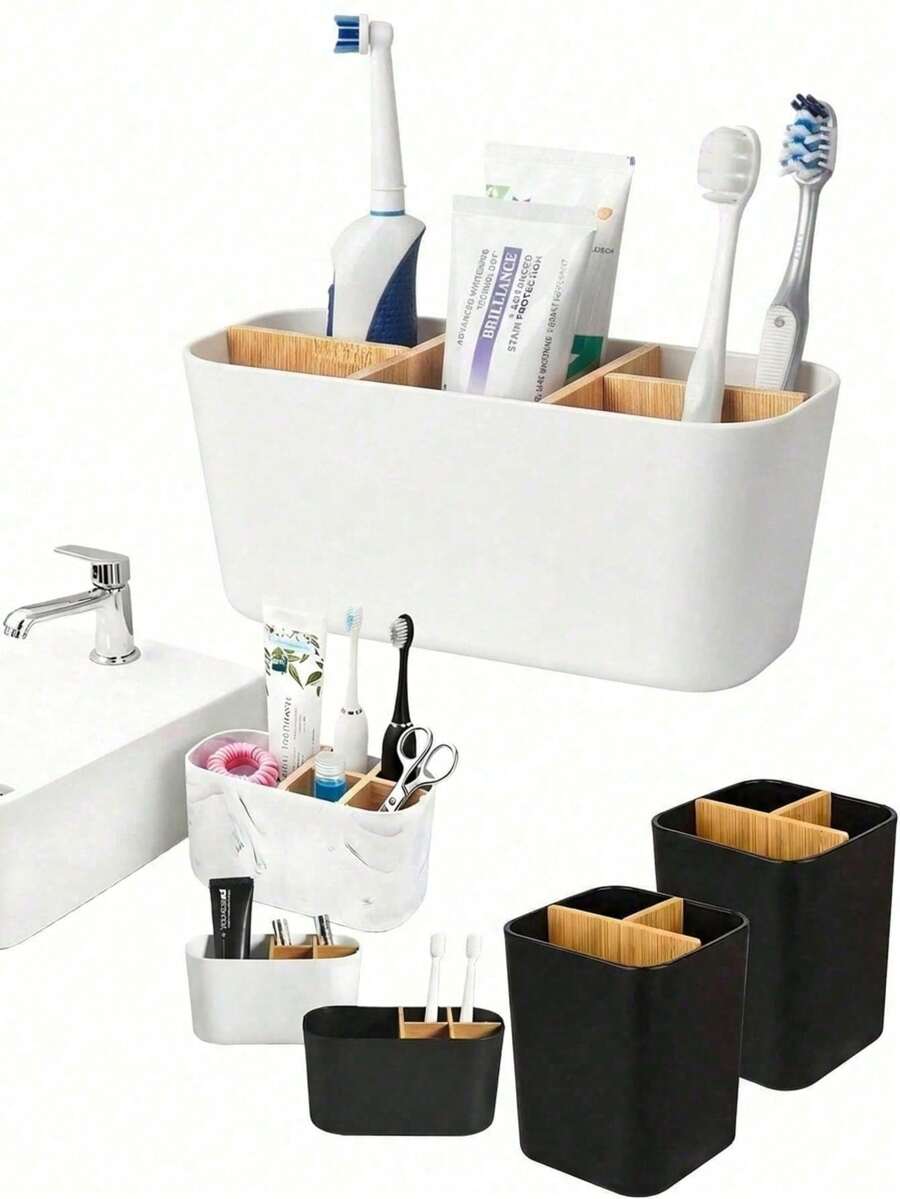 1pc Bamboo Toothbrush Holder, 5-Slot Toothbrush Rack, Bathroom Vanity Storage Organizer, Can Hold Electric Toothbrush, Toothpaste, Razor, Etc., Home Bathroom Decor, Back To School Decor. Bathroom Countertop Toothbrush Storage Rack, Bathroom Toothbrush Holder, Bamboo Toothbrush Holder, Electric Toothbrush Holder And Toothpaste Holder, Bathroom Countertop Accessories Storage, Marble Toothbrush Organizer, Bathroom Accessories, Bedroom Vanity Storage Box, National Day Gift, Halloween Gift, Christmas Gift