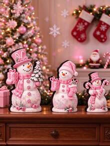 1/3Pcs Pink Christmas Snowman Tabletop Decor Set, Freestanding Winter Snowman Ornaments With Gift Box & Candy Cane, Rustic Xmas Desktop Decorations For Window Sill, Dining Table, Kitchen Counter, Holiday Home Decor, Christmas Gift For Family Friends - Pink - View 3