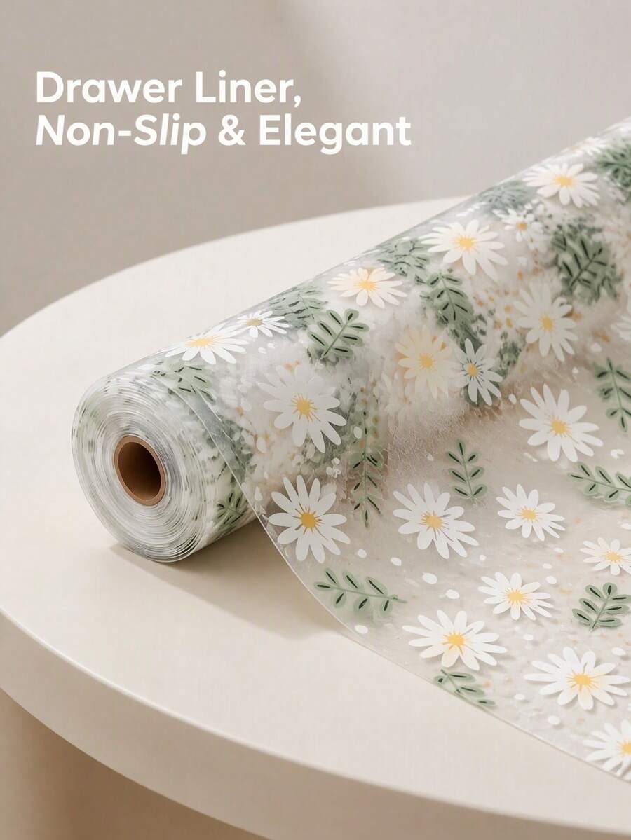 1 Roll Of EVA Material Fresh Daisy Camellia Pattern Drawer Pad, Waterproof And Dirt Resistant, Can Be Cut, Multi-Purpose Cabinet Drawer Pad, Suitable For Kitchen, Storage Cabinets, Refrigerators, Shelves, Partitions, Pads