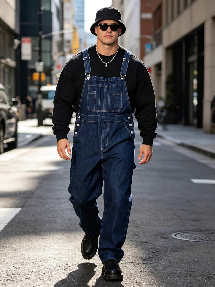 Men's Dark Blue Denim Overalls, Non-Stretch Straight Leg Cargo Pants With Chest Pocket, Multiple Utility Pockets And Adjustable Shoulder Straps