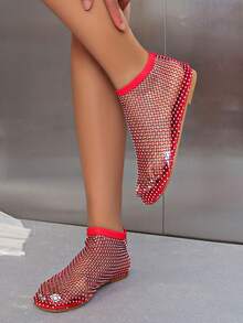 1pc Women's Rhinestone Mesh Sandals - Ultra Comfortable Breathable Mesh Slip-On Flat Shoes Low Heel Lightweight Casual Summer Women's Shoes - Red - View 5