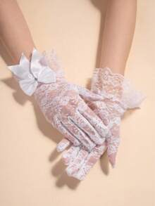 1 Pair Women's Sexy Party Dress Gloves, Rose Flower And Lace Design Ruffle Bridal Gloves - White With Diamonds - View 1
