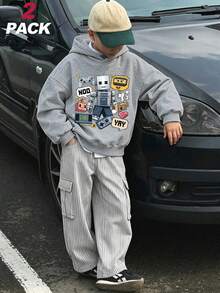 2pcs/Set Pixel Game Street Style Boys Outfit, Retro Pixel Robot Game Print Hoodie + Striped Cargo Pants, Soft Autumn/Winter Streetwear - Grey - View 9