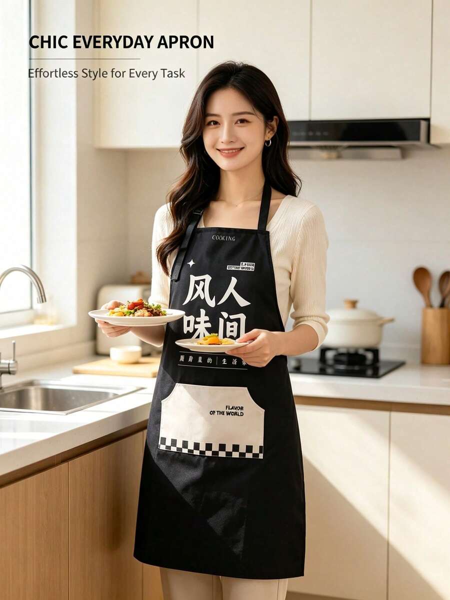 韓式棋盤格撞色圍裙 可調節肩帶印花圍裙 家用廚房烘焙防油大口袋工作圍裙 - 黑色 - 查看 1