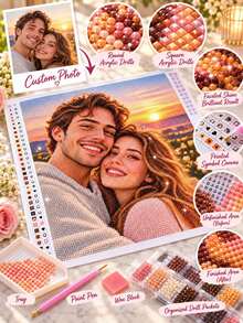 Personalized Custom Photo Diamond Painting Kit, DIY Acrylic Diamond Painting Canvas, Suitable For Couples, Romantic Sunset Pattern Handmade Craft, Square Or Round Diamond Mosaic Gift, Frameless Handmade Decoration, Suitable For Anniversary Or Wedding - Multicolor - View 6