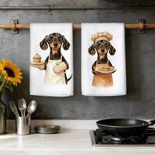 2pcs/Pack White Cartoon Kitchen Towels, Daily Kitchen Towels, Animal Kitchen Towels, Hand Towels, Cooking Baking Tea Towels, Dish Cloths, Cleaning Cloths, Living Room Decor, Kitchen Decor, Kitchen Essentials, Home Essentials - White - View 5