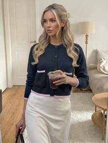 Women's Autumn/Winter New Round Neck Contrast Trim Knit Cardigan, Office Commute Wear, Business Professional Casual Daily Knit Top - Multicolor - View 5