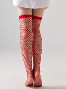 Red Bow Red Fishnet Over-The-Knee Socks Lolita Y2K Gothic Style Cosplay Stockings - Red - View 3