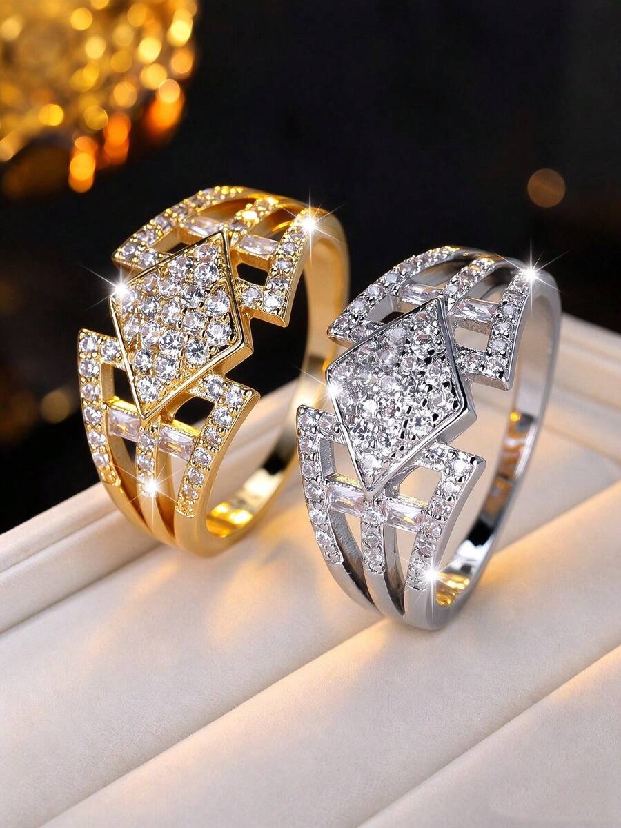 1pc Cool Geometric Rhombus Multi-Layer Hollow Copper Inlaid Zirconia ...