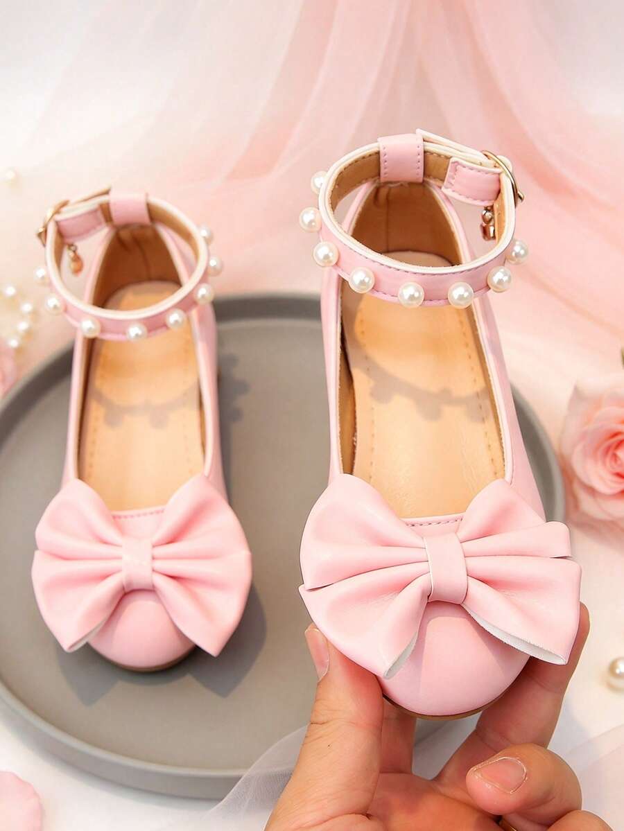 1 Pair Pink Chunky Heel Princess Shoes, Soft PU Bowknot + Round Toe Flat Non-Slip, One-Strap Hook-And-Loop Design, Fashionable And Cute, Suitable For School Performances, Birthday, Spring/Autumn New Style - Pink - View 1