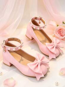 1 Pair Pink Chunky Heel Princess Shoes, Soft PU Bow + Double Pearl Decor, Round Toe Flat Non-Slip, One-Strap Hook & Loop Design, Fashionable & Cute, Suitable For Banquet, School Performance, Birthday - Pink - View 4