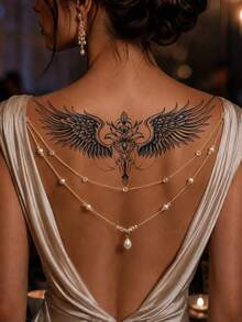 1pc Waterproof Wing Feather Tattoo Sticker, Semi-Permanent Botanical Temporary Tattoo, Sexy Waterproof Non-Reflective, Easy To Use, Suitable For Men And Women Back, Chest And Other Body Parts, Lasts 7-14 Days, Essential For Parties And Music Festivals - Blue - View 1