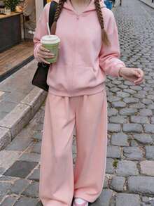 Teen GirlHooded Zip-Up Sweatshirt + Casual Long Pants 2-Piece Set, Suitable For Spring/Autumn Home, School, Vacation, Shopping And Sports Occasions. - Pink - View 1