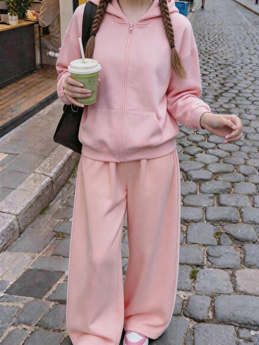 Teen GirlHooded Zip-Up Sweatshirt + Casual Long Pants 2-Piece Set, Suitable For Spring/Autumn Home, School, Vacation, Shopping And Sports Occasions. - Pink - View 1