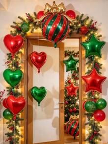 15/30pcs Christmas Heart Star & Bow Bauble Foil Balloon Kit, Xmas Party Decorations, Red Green Aluminum Balloons With Ribbon And Dots For Holiday Backdrop Decor - Christmas Heart, Star, and Bow Balloon Set - View 3