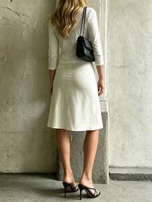Autumn/Winter Women's Elegant Mid-Length A-Line Skirt, Low Waist Draped Skirt With Lace Trim And Bow Decor, Suitable For Commute, Date And Daily Gathering - Cream White - View 7