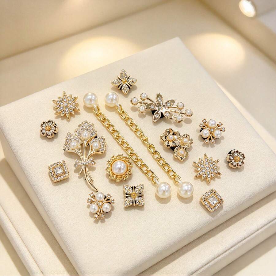 16件組金色小鏈條花朵DIY鞋飾，花鳥圖案休閒款，ABS塑料（ABS樹脂）水滴造型，居家春夏秋季適用 - 金色 - 查看 1