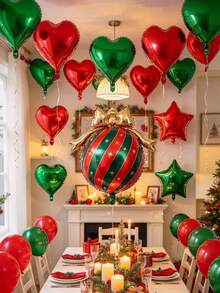 15/30pcs Christmas Heart Star & Bow Bauble Foil Balloon Kit, Xmas Party Decorations, Red Green Aluminum Balloons With Ribbon And Dots For Holiday Backdrop Decor - Christmas Heart, Star, and Bow Balloon Set - View 6