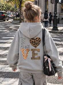 1pc Printed Warm Thick Thermal Lining Hooded Sweatshirt For Teenage Girls, Student Children Clothing, Suitable For Children Autumn/Winter Long Sleeve Top - Grey - View 2