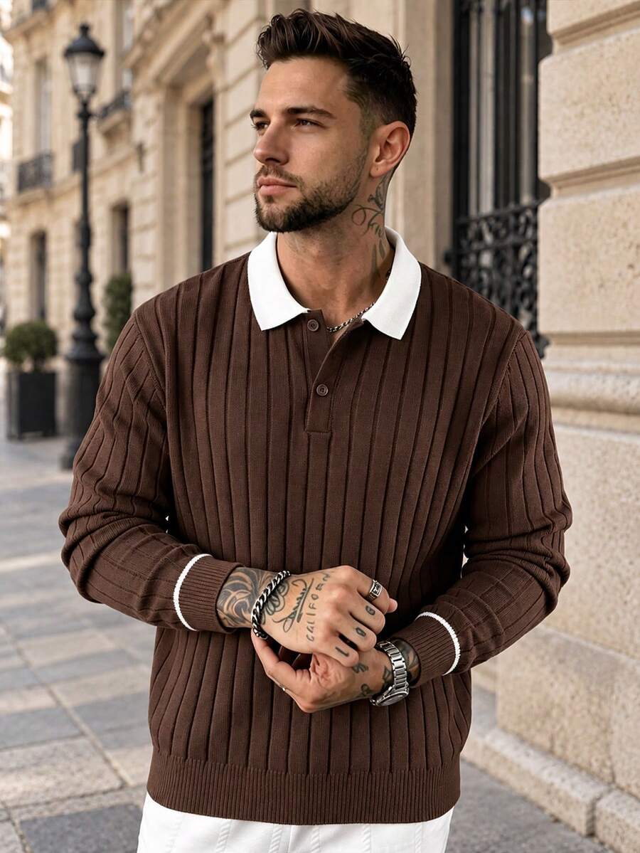 Autumn/Winter Vintage British Vertical Striped Knit Polo Men's Contrast Trim Detail Design Versatile Loose Fit Knit Top - Brown - View 1