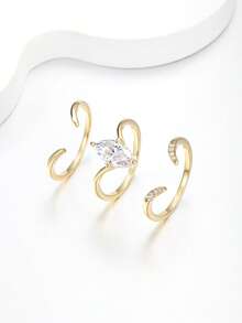 Besthing 3pcs S925 Sterling Silver 2CT Marquise Moissanite Fashion Glamorous Main Stone Open Band Stackable Bridal Rings For Wedding, Daily Wear, Valentine's Day Gift, Wedding Season - Gold - View 7