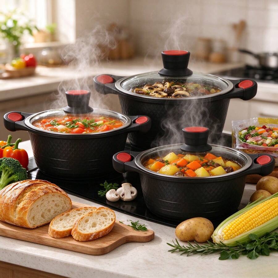 6 Pcs Stockpot Cookware Set, 2.5L 4.5L 7.0L Non‑Stick Cooking Pots With Tempered Glass Lids, Heat‑Resistant Silicone Handles, Multipurpose Soup Stew Pot Compatible With Gas Stove & Induction Cooktop For Home Kitchen - View 1