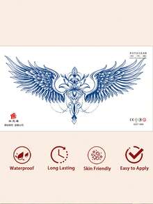 1pc Waterproof Wing Feather Tattoo Sticker, Semi-Permanent Botanical Temporary Tattoo, Sexy Waterproof Non-Reflective, Easy To Use, Suitable For Men And Women Back, Chest And Other Body Parts, Lasts 7-14 Days, Essential For Parties And Music Festivals - Blue - View 7