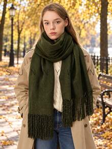 1pc Women's Solid Color Vintage Elegant Artistic Warm Polyester Scarf For Autumn/Winter Daily Wear - Army Green - View 2