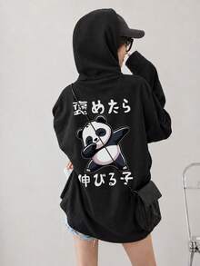 Women's Autumn/Winter Round Neck Loose Slouchy Casual Versatile Letter Cartoon Panda Print Sweatshirt Black - Black - View 1