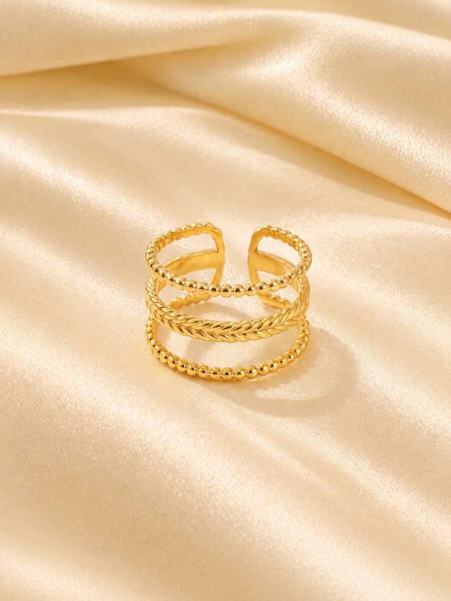 European And American Vintage High-End Three-Layer Braided Bead Open Ring For Women, Personalized Versatile Wide Band Index Finger Ring Jewelry - Gold - View 1