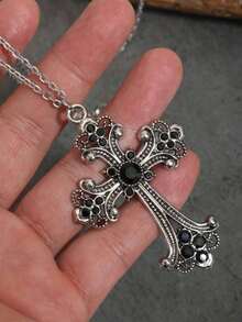 Vintage Gothic Style Rhinestone Cross Pendant Necklace For Men - Black - View 3