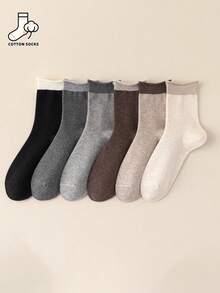 6 Pairs Women's Rolled Cuff Mid-Calf Socks, Cotton Solid Color Contrast Socks, Simple Basic Breathable Slouch Socks - Multicolor - View 7