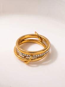 1 buah Cincin Wanita Berlapis Berlian Imitasi, Desain Rantai Indah, Dapat Ditumpuk, Tahan Air, Tahan Pudar, dan Hipoalergenik, Tersedia Dua Warna Emas dan Perak, Aksesori Dekoratif Minimalis Mewah untuk Perjalanan Sehari-hari - Emas - View 5