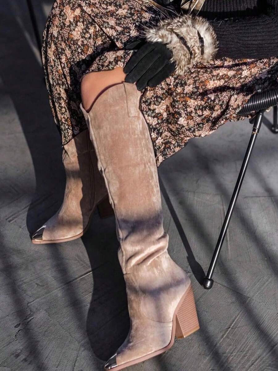 Tall Western Boots, Chunky Heel Design, Pointed Toe Decor - KHAKI9353-1 - View 1