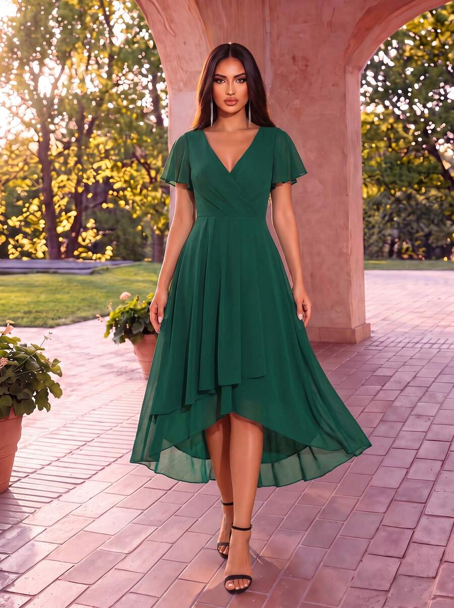 EVERPRETTY Elegant Ruffle Hem Contrast Color A-Line Midi Chiffon Bridesmaid Dress, Wedding Guest Dress, Mother Of The Bride Dress, Autumn Spring