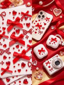 1pc Red Pink Bow Heart Rhinestone Decor Sticker With Tweezers, 3D Self-Adhesive Girly Style Rhinestone Sticker, Laptop Decor Sticker, Phone Decor Sticker, Luxury Elegant 3D Satin Bow With Heart-Shaped Rhinestone Design, Self-Adhesive Easy To Apply, Suitable For Phone, Laptop, Camera, Earphone, Greeting Card, Digital Shell, Gift Box, Container, Craft Decoration - one-size - View 9