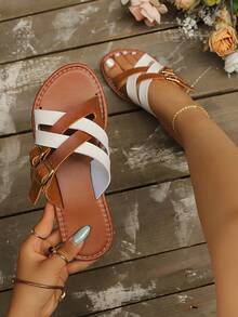Beter2026 New Multi-Strap Buckle Sandals, Fashionable Minimalist Wide Strap Flat Soft Sole Retro Non-Slip Multi-Strap Buckle Sandals, Suitable For Different Foot Shapes - Brownish White - View 2