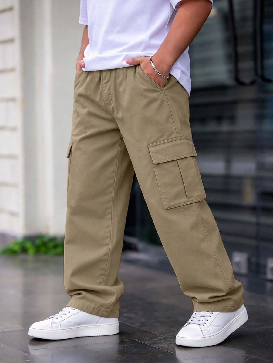 1 pieza Pantalones cargo de unicolor cómodos y versátiles para niño pequeño - Camel - Ver 1