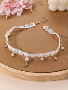 NAIZHU 1/2 buah Kalung Liontin Mutiara Bulan Bintang Renda Manis untuk Anak Perempuan, Cocok untuk Pemakaian Sehari-hari, Pesta, dan Liburan - Putih - View 5
