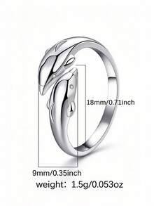 1pc 925 Sterling Silver Women's Ring, Double Dolphin Design, Adjustable Open Band, Micro-Inlaid Zirconia - Silver - View 3