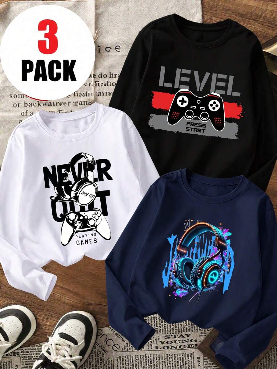 3pcs/Set Atasan Lengan Panjang Kerah Bulat untuk Anak Laki-laki Remaja Gaya Jalanan Motif Tengkorak Hantu Skateboard Kartun Huruf Cetak Longgar Musim Semi Musim Gugur Pakaian Luar Kasual Sehari-hari Multi-Warna Set Serbaguna - Navy Blue - View 1