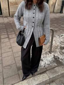 Plus Size Women 2026 Must Have Fall Winter Cable Knit Button Cardigan,Round Neck Long Sleeve Peplum,Fashion Chic Daily Going Out - Grey - View 10