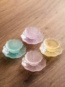 1 Set Exquisite High-Value Practical Textured Frosted Crystal Petal Glass Tea Cup & Saucer Tea Set For Tea Ceremony Home Decor - Multicolor - View 6