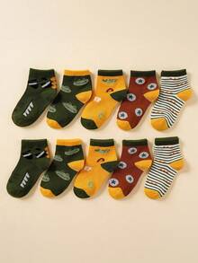 5 Pairs 1-12 Years Old Boys & Girls Cartoon Dinosaur Crocodile Print Striped Color Block Mid-Calf Socks, Daily Versatile Baby Children Student Socks, Cute Patchwork Socks - Multicolor - View 3